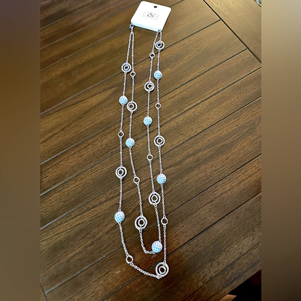 New Christopher and Banks silver with blue gingham beads long necklace